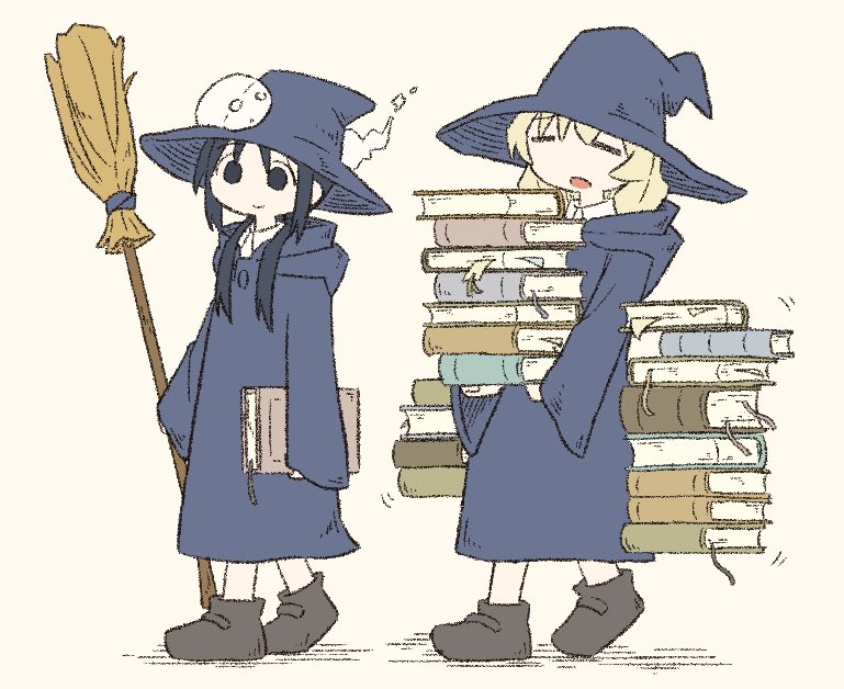 1other 2girls alternate_costume beige_background black_eyes black_hair blonde_hair book book_stack broom chito_(shoujo_shuumatsu_ryokou) cloak commentary closed_eyes floating full_body hat holding levitation long_hair long_sleeves multiple_girls nuko_(shoujo_shuumatsu_ryokou) shoes shoujo_shuumatsu_ryokou simple_background tm_(utfp3372) walking witch_hat yuuri_(shoujo_shuumatsu_ryokou)