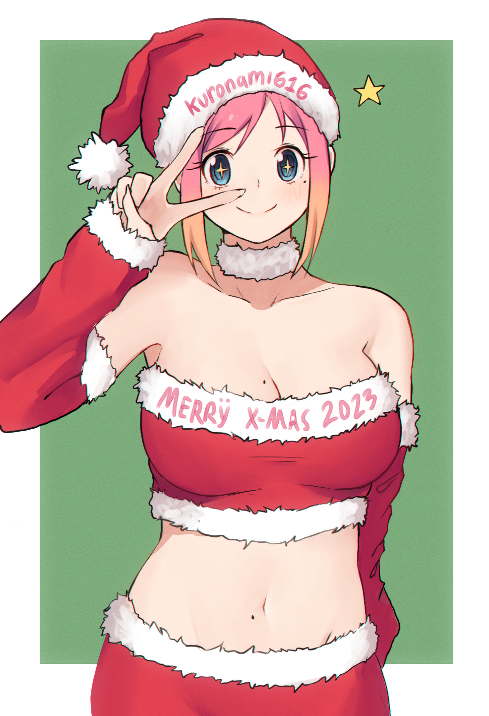 1girl belly blue_eyes breasts christmas cleavage hat highres kuronami616 looking_at_viewer mole mole_on_breast mole_on_stomach mole_under_eye original pink_hair santa_costume santa_hat short_hair simple_background smile solo sparkling_eyes v v_over_eye