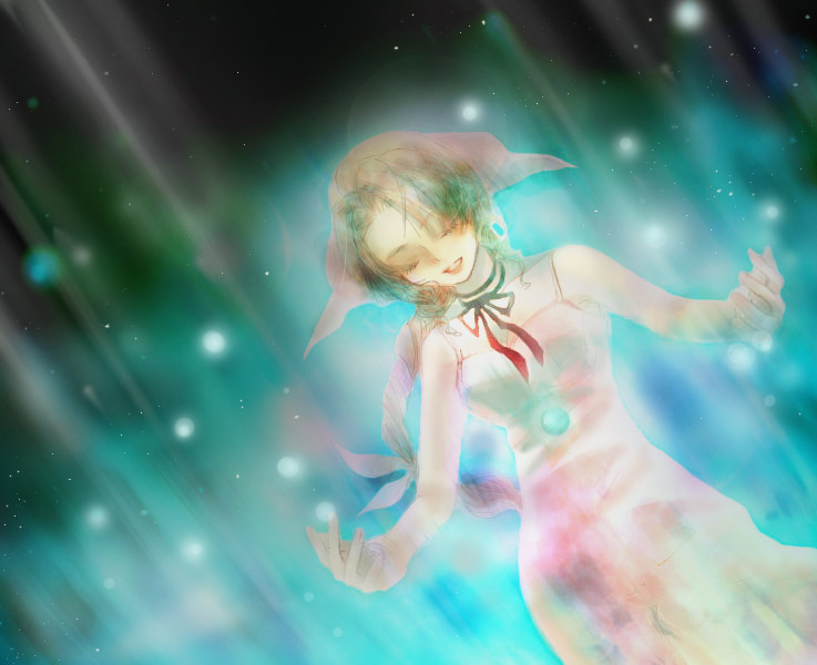 1girl aerith_gainsborough bare_arms braid casting_spell choker curly_hair dress closed_eyes female_focus final_fantasy final_fantasy_vii jewelry lifestream long_dress long_hair materia necklace open_mouth pink_dress ribbon spaghetti_strap square_enix tomo_(552252) wavy_hair