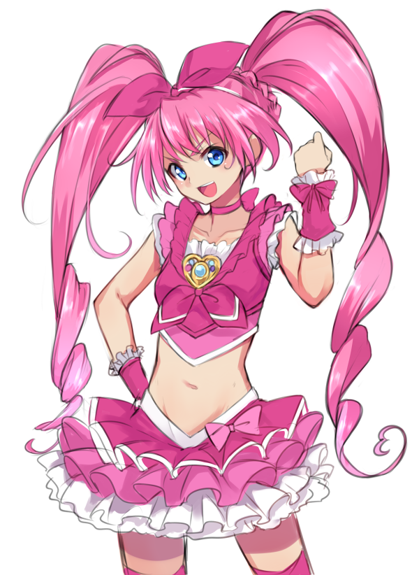 10s 1girl :d blue_eyes brooch chiroru_(7450n) choker cure_melody female_focus frilled_skirt frills heart houjou_hibiki jewelry looking_at_viewer magical_girl midriff navel open_mouth pink_hair precure simple_background skirt smile solo suite_precure twintails white_background