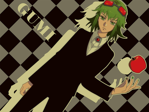 apple bad_id bad_pixiv_id bokuto food formal_clothes fruit gender_request genderswap goggles green_eyes green_hair gumi solo vocaloid