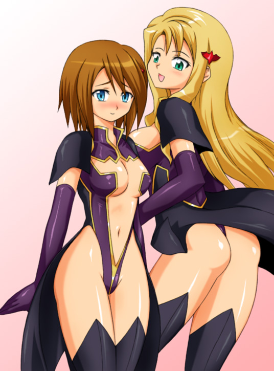 2girls ass blonde_hair blue_eyes breasts cleavage code_geass elbow_gloves female_focus gloves green_eyes hair_ornament latex latex_gloves liliana_vergamon long_hair looking_back marika_soresi midriff military military_uniform mitora5 multiple_girls orange_hair short_hair thighhighs