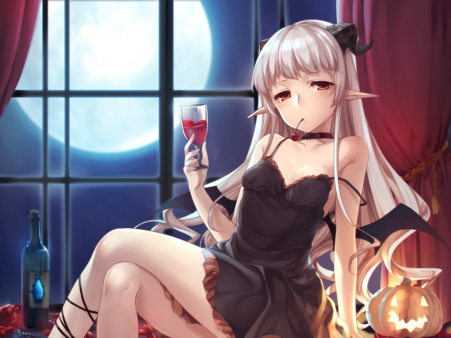 1girl alcohol ankle_ribbon arm_support bare_shoulders bat_wings beads black_dress blonde_hair bottle breasts cherry choker cocktail_dress crossed_legs cup curtains demon_girl dress drinking_glass female_focus flower food frilled_dress frills fruit full_moon half-closed_eyes halloween holding holding_cup holding_drinking_glass horns indoors itou_nanami jack-o&#039;-lantern jewelry leg_ribbon long_hair looking_at_viewer moon mouth_hold necklace night orange_eyes original pendant pointy_ears red_flower red_rose ribbon rose sheep_horns silver_hair sitting sleeveless sleeveless_dress small_breasts solo spaghetti_strap strap_slip unworn_jewelry wavy_hair window wine wine_bottle wine_glass wings