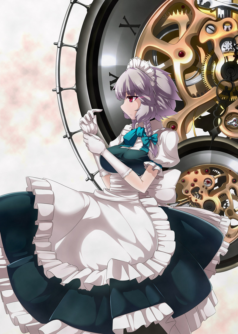 1girl braid female_focus gears gloves izayoi_sakuya maid maid_headdress red_eyes short_hair silver_hair solo tama_(pixiv) tama_(speedgrapher) embodiment_of_scarlet_devil touhou twin_braids