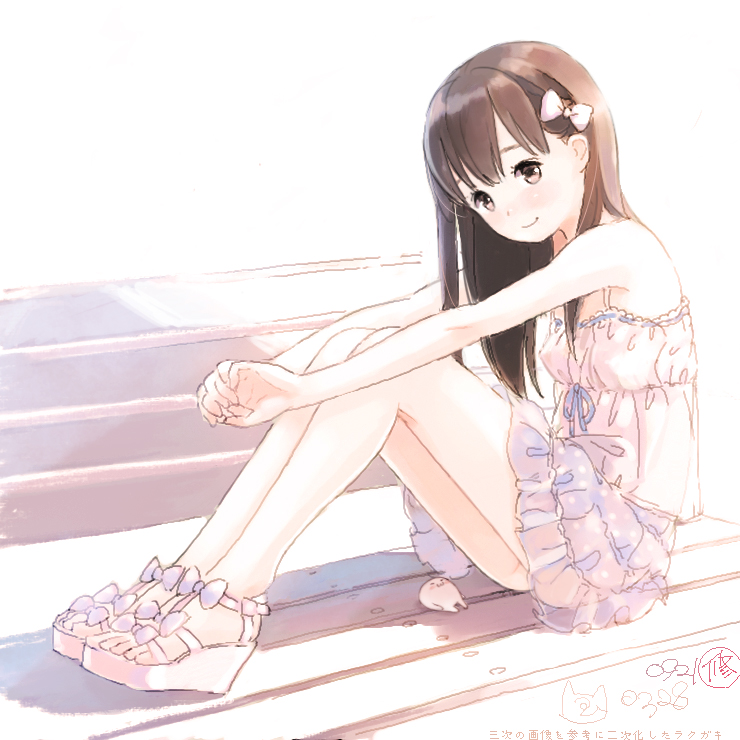 1girl bench brown_eyes brown_hair dress female_focus high_heels knees_up kokudou_juunigou legs long_hair original own_hands_together sandals see-through_clothes short_dress sitting smile solo sundress wedge_heels white_dress