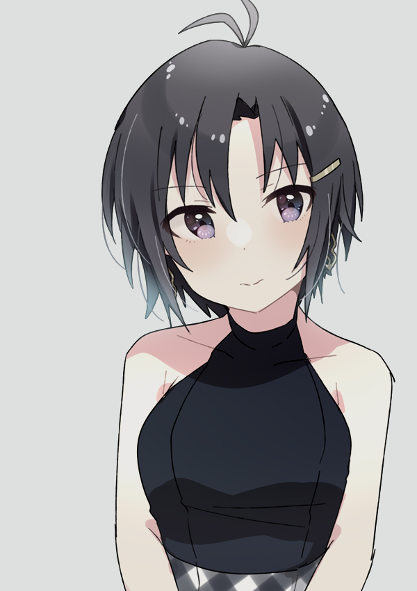 1girl ahoge antenna_hair bare_shoulders black_hair black_shirt blush breasts closed_mouth collarbone dot_nose earrings grey_background hair_ornament hairclip idolmaster idolmaster_(classic) idolmaster_million_live! idolmaster_million_live!_theater_days jewelry kikuchi_makoto koma_tori looking_at_viewer purple_eyes shirt short_hair simple_background sleeveless sleeveless_shirt small_breasts smile solo upper_body