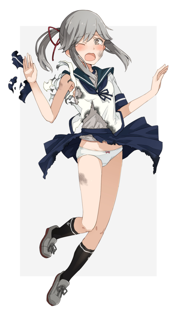 1girl black_socks blue_sailor_collar blue_skirt bow bow_panties brown_eyes full_body grey_hair kantai_collection kneehighs long_hair one_eye_closed panties pleated_skirt sailor_collar sakura_(medilore) sidelocks simple_background skirt socks solo torn_clothes underwear usugumo_(kancolle) white_background white_panties