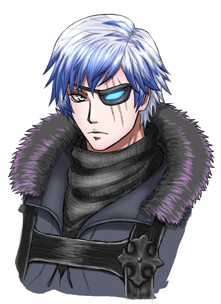 1boy blue_hair coat eyepatch fur_coat groh highres jacket male_focus multicolored_hair namco scar short_hair silver_hair simple_background solo soul_calibur soulcalibur soulcalibur_vi