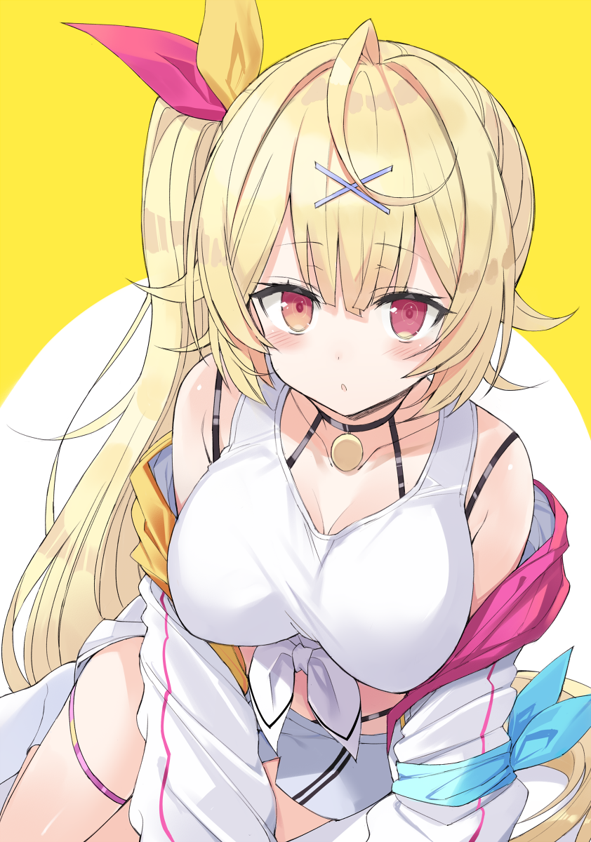 1girl bare_shoulders black_choker blonde_hair blush breasts brown_ribbon choker cleavage collarbone commentary_request crop_top front-tie_top hair_between_eyes hair_ornament hair_ribbon hairclip highres hoshikawa_sara hoshikawa_sara_(1st_costume) jacket kuhotaka large_breasts long_hair looking_at_viewer midriff nijisanji off_shoulder open_clothes open_jacket parted_lips red_eyes red_ribbon ribbon shirt short_shorts shorts side_ponytail sleeveless sleeveless_shirt solo tied_shirt two-tone_background very_long_hair virtual_youtuber white_background white_jacket white_shirt white_shorts x_hair_ornament yellow_background