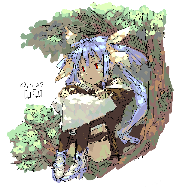 1girl 2003 artist_name black_tail black_thighhighs blue_hair closed_mouth commentary_request dappled_sunlight dated dizzy_(guilty_gear) fbc guilty_gear guilty_gear_x hair_ribbon in_tree jaggy_lines red_eyes ribbon sitting sitting_in_tree solo sunlight thighhighs tree twintails yellow_ribbon