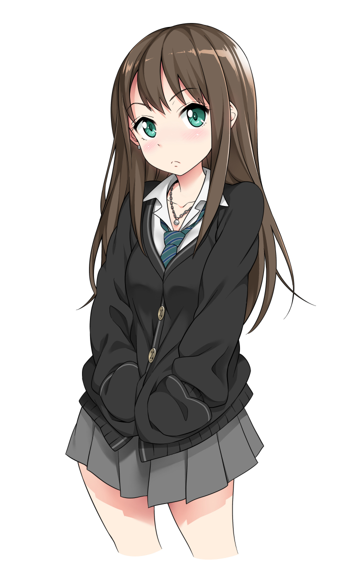 10s 1girl blush brown_eyes buttons cardigan collarbone cowboy_shot dress_shirt earrings female_focus frown green_eyes hands_in_pockets idolmaster idolmaster_cinderella_girls jewelry long_hair necklace nora_shinji pleated_skirt shibuya_rin shirt simple_background skirt solo white_background