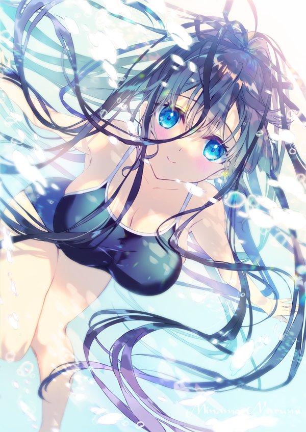 1girl black_hair black_ribbon blue_eyes blush breasts cleavage hair_ribbon large_breasts long_hair looking_at_viewer mimizuku_auru narumi_minamo ponytail ribbon school_swimsuit sidelocks sizukano smile solo swimsuit underwater very_long_hair