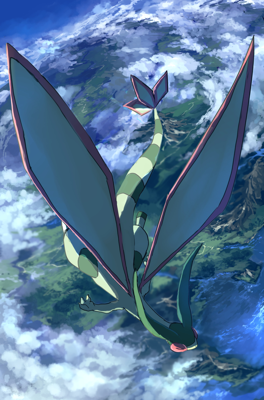 above_clouds cloud creatures_(company) day closed_eyes flygon flying full_body game_freak gen_3_pokemon highres nintendo no_humans outdoors pippi_(pixiv_1922055) pokemon pokemon_(creature) scenery solo valley wings