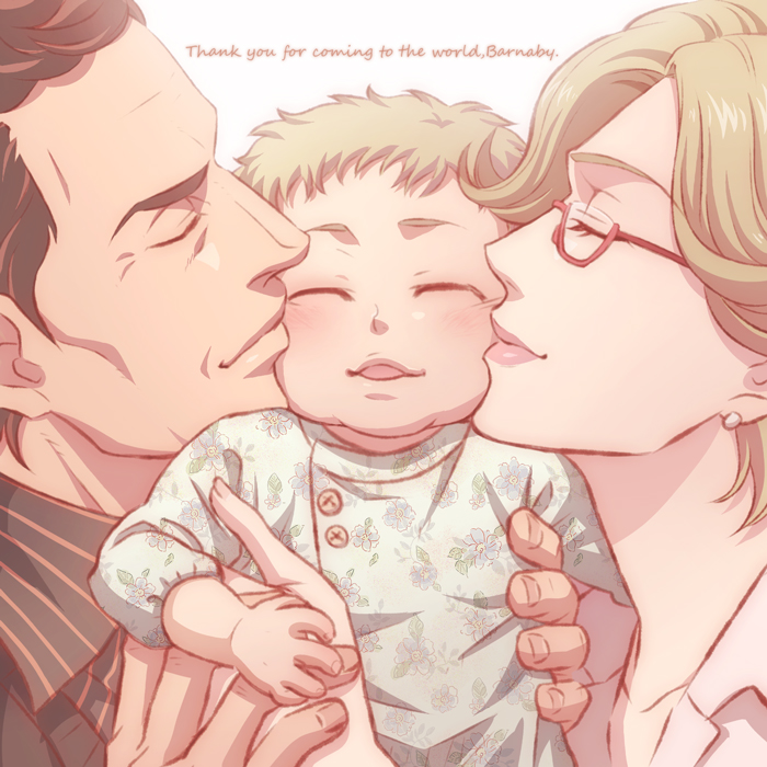 10s 1girl 2boys baby barnaby_brooks_jr. barnaby_brooks_sr blonde_hair brown_hair kissing_cheek emily_brooks family glasses kiss lunarclinic multiple_boys sandwiched short_hair tiger_&amp;_bunny aged_down