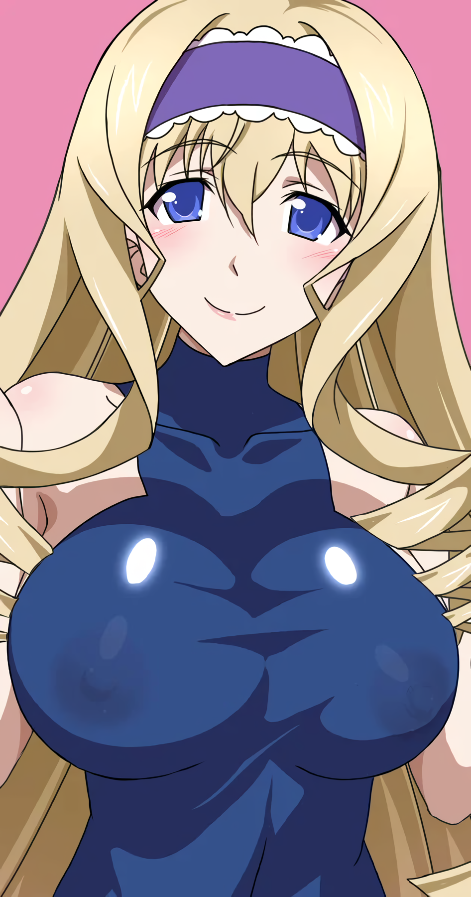 1girl blonde_hair blue_eyes breasts cecilia_alcott covered_erect_nipples drill_hair hairband highres infinite_stratos kuroda_ariake large_breasts leotard long_hair looking_at_viewer pink_lips see-through_clothes smile solo