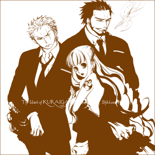 1girl 2boys dracule_mihawk dress facial_hair formal_clothes frown jewelry kuraigana_island long_hair looking_at_viewer lowres monochrome multiple_boys necktie one_piece perona r_(a32a56) roronoa_zoro scar simple_background smoke smoking suit sword tattoo very_long_hair weapon