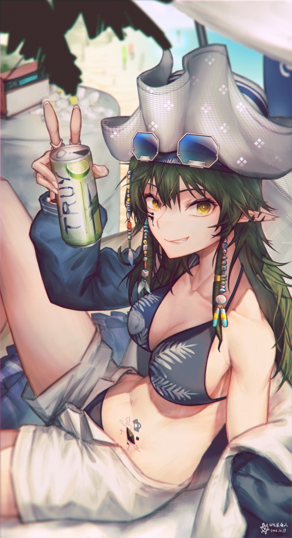 1girl arknights bare_shoulders breasts crocodilian crocodilian_tail dreadlocks gavial_(arknights) gavial_the_invincible_(arknights) goggles goggles_on_head green_hair green_tail guigui_(nwtj7322) hair_between_eyes holding large_tail long_hair looking_at_viewer material_growth medium_breasts navel official_alternate_costume oripathy_lesion_(arknights) pointy_ears smile solo stomach swimsuit tail yellow_eyes