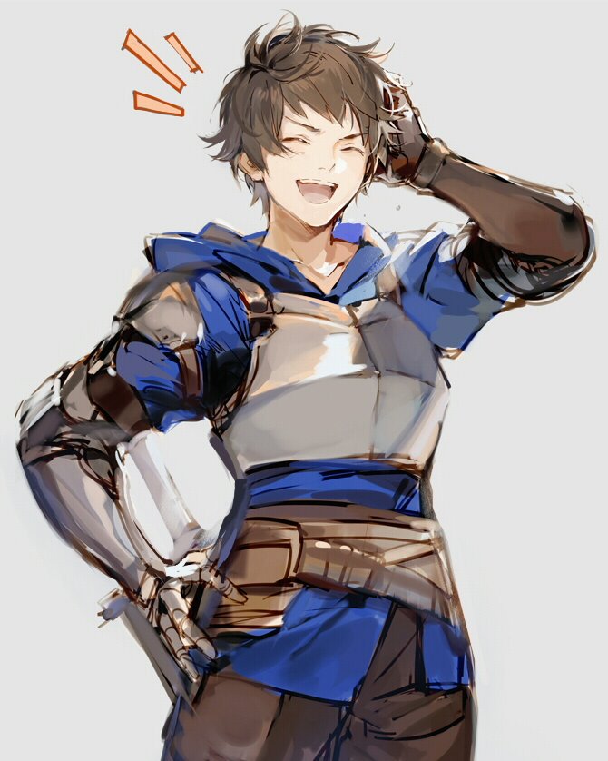 1boy armor black_pants blue_hoodie breastplate brown_hair closed_eyes commentary gauntlets gran_(granblue_fantasy) granblue_fantasy grey_background hand_in_own_hair hand_on_own_hip hood hood_down hoodie male_focus nineo open_mouth pants shoulder_armor simple_background solo sword upper_body weapon