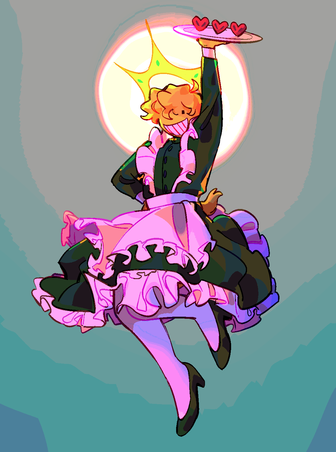 1boy ahoge alternate_costume apron black_footwear blonde_hair colored_skin crossdressing dress grin halo heart highres holding holding_tray lifesteal_smp looking_down maid male_focus minecraft_youtube princezam shoes smile spiked_halo ssseriema tray yellow_skin