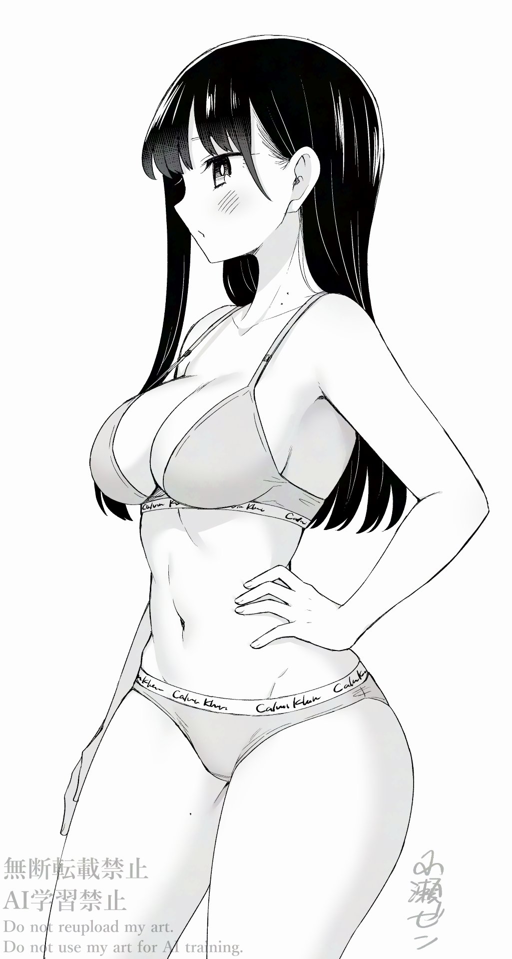 1girl blush boku_no_kokoro_no_yabai_yatsu bra breasts calvin_klein cleavage collarbone commentary cowboy_shot from_side greyscale hand_on_own_hip highres large_breasts long_hair mole mole_on_neck monochrome navel no_ai_logo panties parted_lips simple_background solo standing stomach strap_gap translation_request underwear underwear_only watermark white_background yamada_anna zeroasann