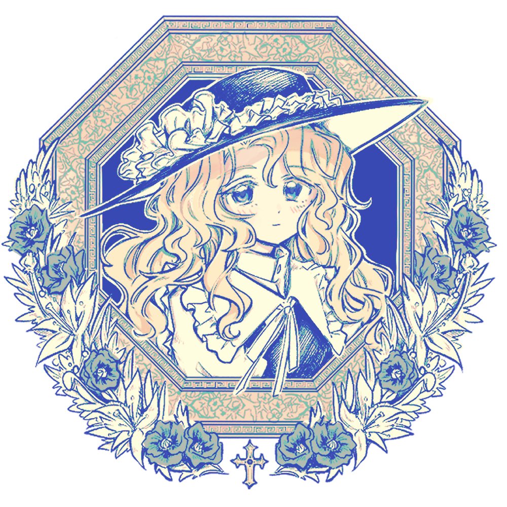 1girl blonde_hair blue_theme closed_mouth cross dolls_in_pseudo_paradise expressionless flower frilled_shirt_collar frills hat hat_feather jacket_girl_(dipp) long_hair long_sleeves looking_at_viewer neck_ribbon portrait ribbon shirt simple_background solo touhou uzumibi vest wavy_hair white_background white_shirt