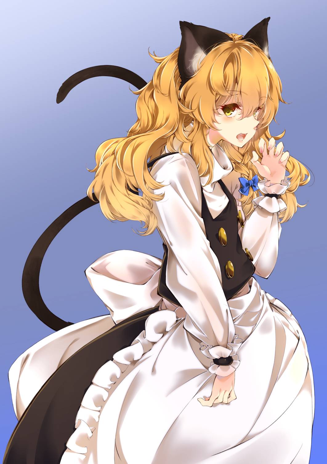 1girl animal_ear_fluff animal_ears apron black_tail black_vest blonde_hair blue_background blue_bow bow braid cat_ears cat_tail claw_pose commentary_request gradient_background hair_bow highres kemonomimi_mode kirisame_marisa long_sleeves looking_at_viewer meji_aniki no_headwear open_mouth side_braid single_braid solo tail touhou vest waist_apron white_apron yellow_eyes