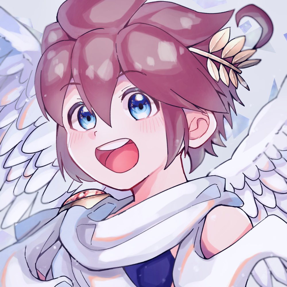 1boy :d ahoge androgynous angel angel_wings blue_eyes blue_undershirt brown_hair feathered_wings kid_icarus kid_icarus_uprising laurel_crown light_blush male_focus nintendo open_mouth pit_(kid_icarus) portrait scarf short_hair sidelocks single_bare_shoulder smile solo spiked_hair teeth thick_eyelashes undershirt upper_teeth_only waffuum white_scarf wings