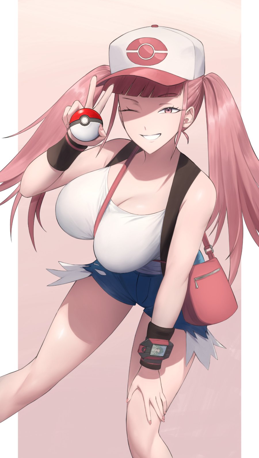 1girl ;) bare_legs bare_shoulders baseball_cap black_vest black_wristband blunt_bangs breasts cleavage cosplay creatures_(company) denim denim_shorts female_focus fire_emblem fire_emblem:_three_houses game_freak grin hat highres hilda_(pokemon) hilda_(pokemon)_(cosplay) hilda_valentine_goneril holding holding_poke_ball large_breasts long_hair looking_at_viewer matching_hair/eyes name_connection nintendo one_eye_closed pink_eyes pink_hair poke_ball poke_ball_(basic) pokemon pokemon_bw shirt short_shorts shorts shou_illust sidelocks smile solo tank_top teeth twintails two-tone_headwear v vest white_hat white_shirt wink wristband xtransceiver