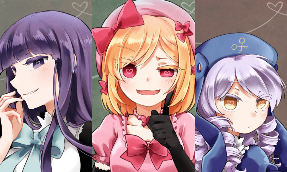 3girls bad_id bad_pixiv_id beret black_dress black_gloves blonde_hair bow dlanor_a._knox dress drill_hair eiserne_jungfrau frilled_dress frills gloves hair_bow hat heart heart-shaped_pupils lambdadelta long_hair multiple_girls pink_dress pink_headwear purple_eyes purple_hair red_eyes short_hair symbol-shaped_pupils umineko_no_naku_koro_ni yang38 yellow_eyes