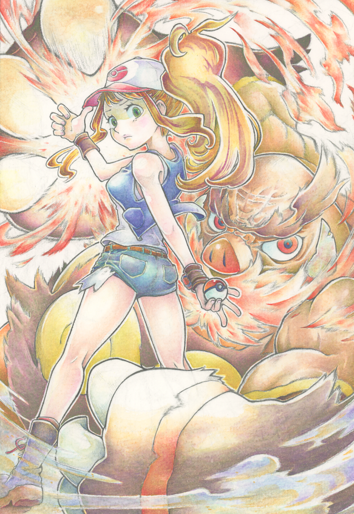 1girl ankle_boots back_turned bald baseball_cap belt black_jacket black_wristband blue_eyes boots brown_hair closed_mouth creatures_(company) denim denim_shorts emboar exposed_pocket eyelashes finger_on_hat fingernails fire floating_clothes furrowed_brow game_freak gen_5_pokemon hat hat_tip high_ponytail hilda_(pokemon) holding holding_poke_ball jacket kentac0 long_hair looking_at_viewer looking_back nintendo pig_nose pocket poke_ball poke_ball_(basic) poke_ball_print pokemon pokemon_(creature) pokemon_bw ponytail raised_fist red_eyes shirt short_shorts shorts sidelocks sleeveless sleeveless_jacket thick_eyebrows torn_clothes torn_shorts traditional_media tusks v-shaped_eyebrows vest white_vest wristband