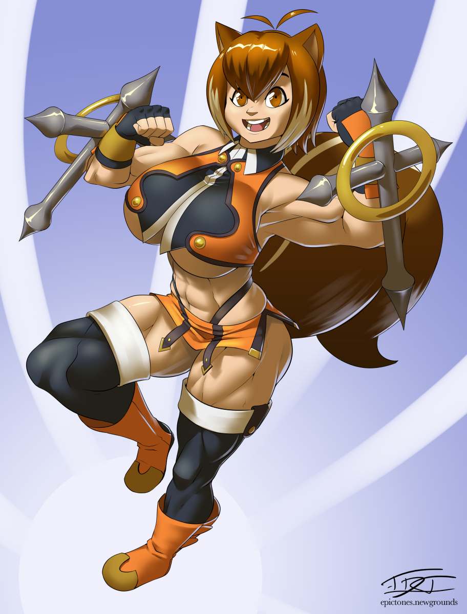 1girl abs animal_ears bare_shoulders blazblue boots breasts brown_eyes brown_hair epictones fingerless_gloves gloves highres huge_breasts makoto_nanaya microskirt multicolored_hair muscular muscular_female short_hair skirt sleeveless solo squirrel_ears squirrel_tail tail teeth tonfa underboob weapon white_hair