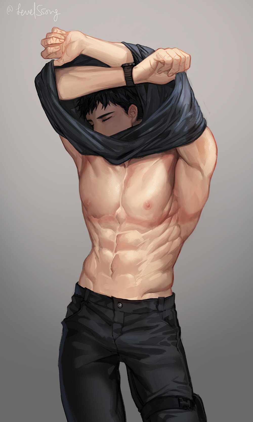 1boy abs bara bare_pectorals black_hair black_pants black_shirt closed_eyes clothes_lift grey_background highres large_pectorals lifting_own_clothes male_focus muscular muscular_male navel nipples original pants pectorals shirt shirt_lift short_hair solo ssong-ga twitter_username undressing watch wristwatch