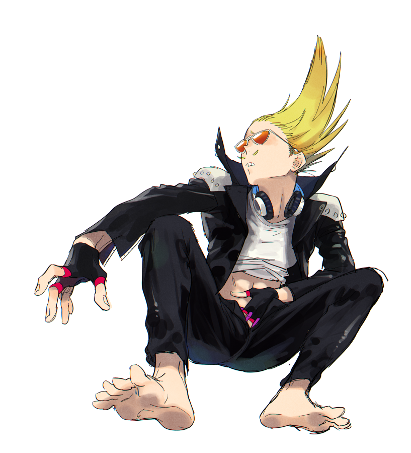 1boy barefoot blonde_hair boku_no_hero_academia clothes_lift costume crested_hair epaulettes facial_hair feet fingerless_gloves from_below glass_floor gloves hair_up hand_on_own_stomach headphones headphones_around_neck jacket long_hair male_focus mustache open_fly present_mic shirt_lift soles solo stomach studded_jacket sunglasses tinted_eyewear toes ura_musi