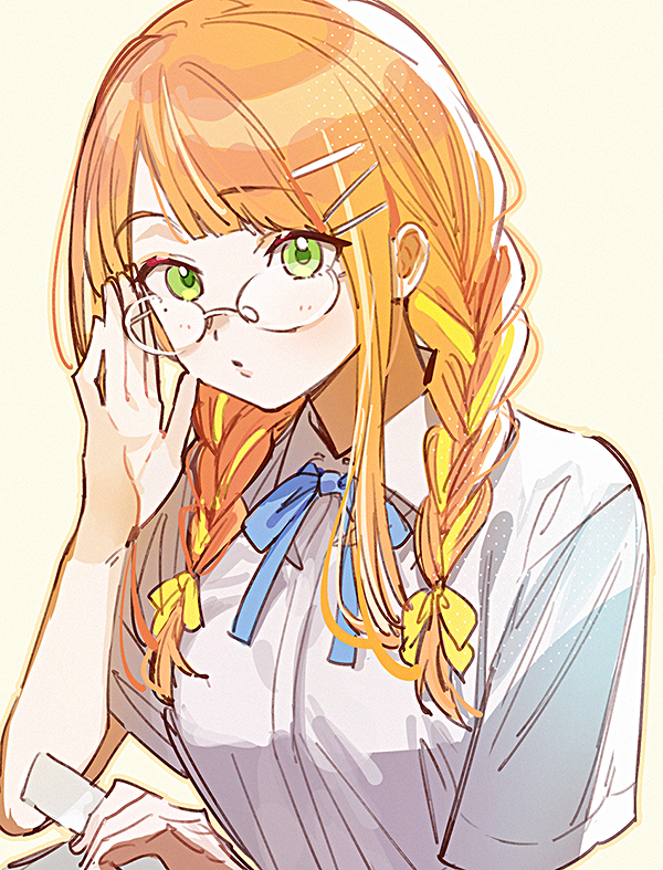 1girl adjusting_eyewear alternate_hairstyle bespectacled blue_ribbon braid commentary flash_cards gakuen_idolmaster glasses green_eyes hair_ribbon idolmaster long_hair looking_at_viewer mole mole_under_eye momose_(oqo) neck_ribbon orange_hair ribbon ribbon_braid shirt shiun_sumika short_sleeves simple_background solo symbol-only_commentary twin_braids upper_body white_background white_shirt yellow_ribbon