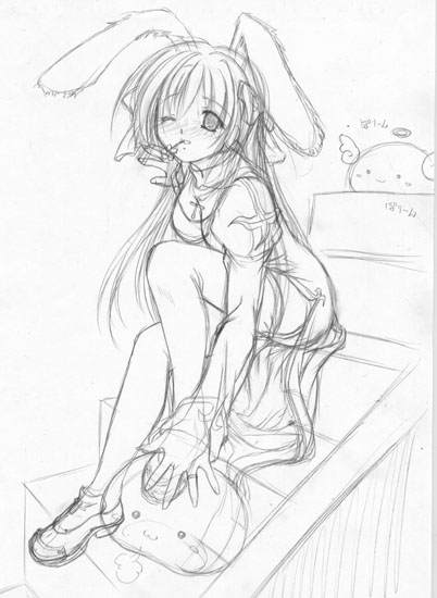 1girl 2000s_(style) :3 angeling animal_ears breasts commentary_request cross dress flower flower_in_mouth garter_straps greyscale juliet_sleeves latin_cross long_hair long_sleeves medium_breasts mio_(fastest_lap) monochrome one_eye_closed poring priest_(ragnarok_online) puffy_sleeves rabbit_ears ragnarok_online shoes side_slit simple_background sitting sitting_on_stairs sketch sleeve_cuffs slime_(creature) stairs tareme thighhighs white_background