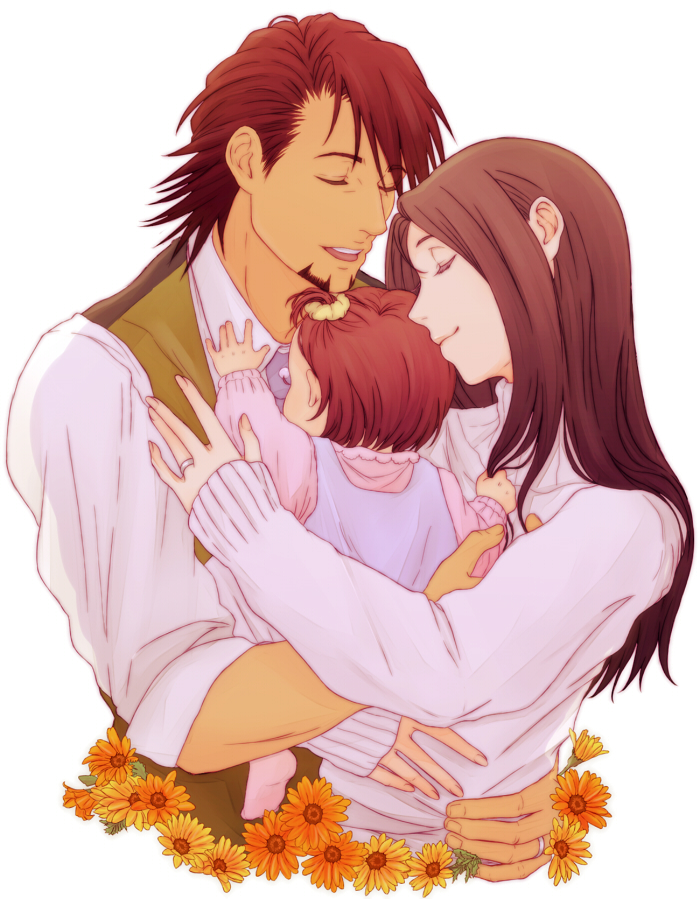 10s 1boy 2girls age_difference baby bad_id bad_pixiv_id brown_hair closed_eyes facial_hair family father_and_daughter hug kaburagi_kaede kaburagi_t._kotetsu kaburagi_tomoe long_hair multiple_girls neshichi short_hair side_ponytail stubble tiger_&amp;_bunny vest waistcoat aged_down