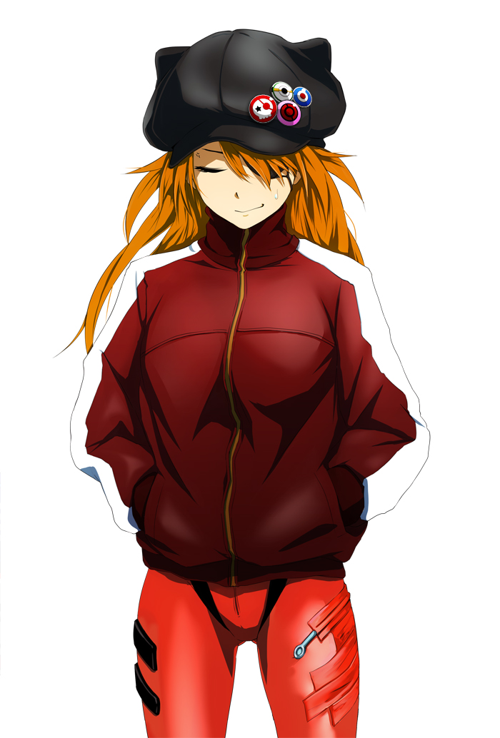 1girl animal_hat black_hat bodysuit cat_hat closed_eyes closed_mouth commentary_request evangelion:_3.0_you_can_(not)_redo eyepatch hair_over_one_eye hands_in_pockets hat hat_pin infinote jacket long_hair multicolored_clothes multicolored_jacket neon_genesis_evangelion nervous_smile nervous_sweating orange_hair pin plugsuit rebuild_of_evangelion red_bodysuit red_jacket simple_background smile solo souryuu_asuka_langley striped_clothes striped_jacket sweat sweatdrop swept_bangs track_jacket two-tone_jacket v-shaped_eyebrows white_background white_jacket