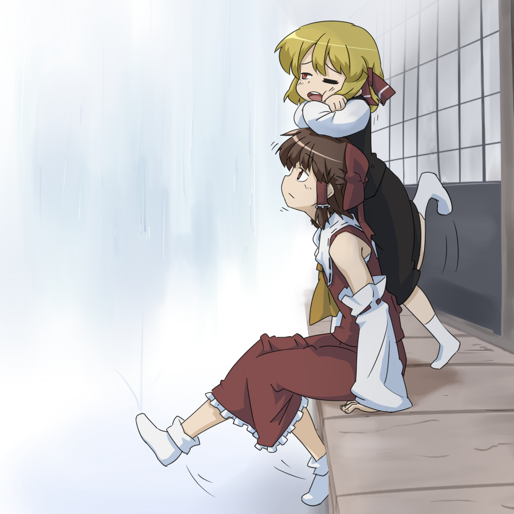 2girls blonde_hair brown_hair child detached_sleeves hakurei_reimu hihachi leaning_on_person multiple_girls one_eye_closed rain red_eyes rumia sitting skirt socks touhou white_legwear wink