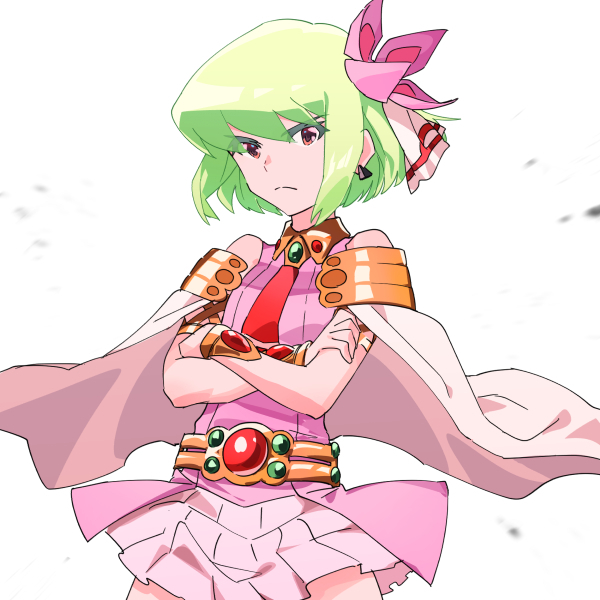 1boy armlet cosplay creator_connection crossdressing crossed_arms dress flower green_hair hair_flower hair_ornament jewelry lio_fotia looking_at_viewer male_focus nia_teppelin nia_teppelin_(cosplay) ns1123 promare purple_eyes short_hair skirt solo tengen_toppa_gurren_lagann trap