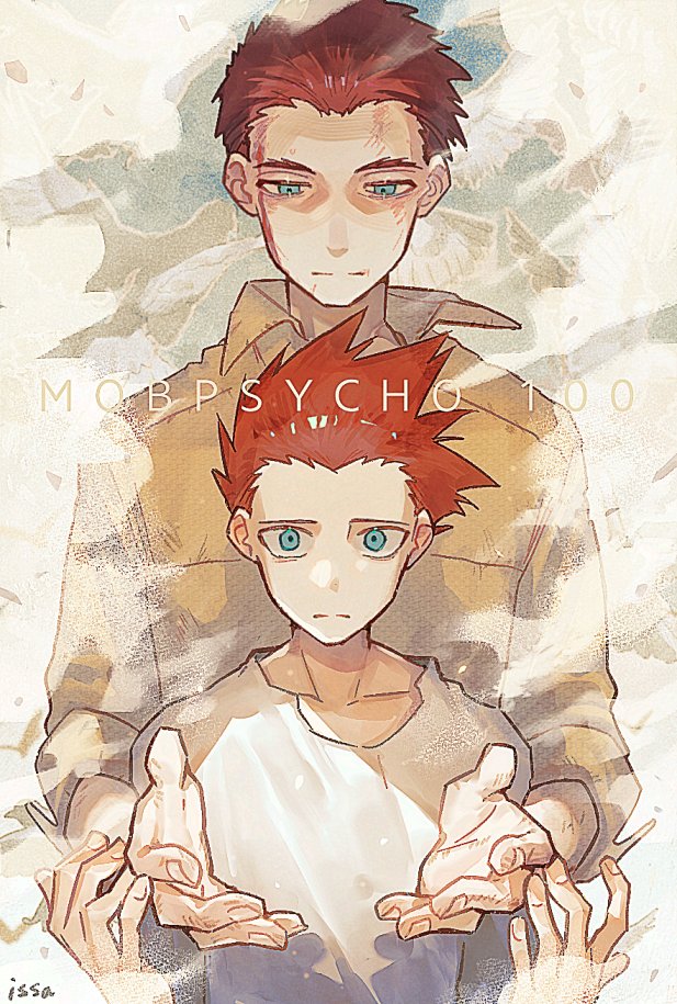 2boys artist_name blood blood_on_face blue_eyes brown_jacket closed_mouth collarbone copyright_name father_and_son hands_up isasasa001 jacket looking_at_viewer male_focus mob_psycho_100 multiple_boys open_hands red_hair shirt short_hair suzuki_shou suzuki_touichirou upper_body white_shirt