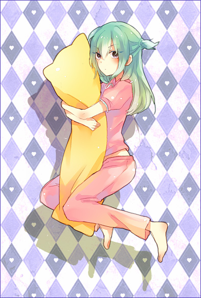 1boy bad_id bad_pixiv_id barefoot green_hair holding inazuma_eleven inazuma_eleven_(series) long_hair male_focus mistorene_callus pajamas pillow purple_eyes solo tayako