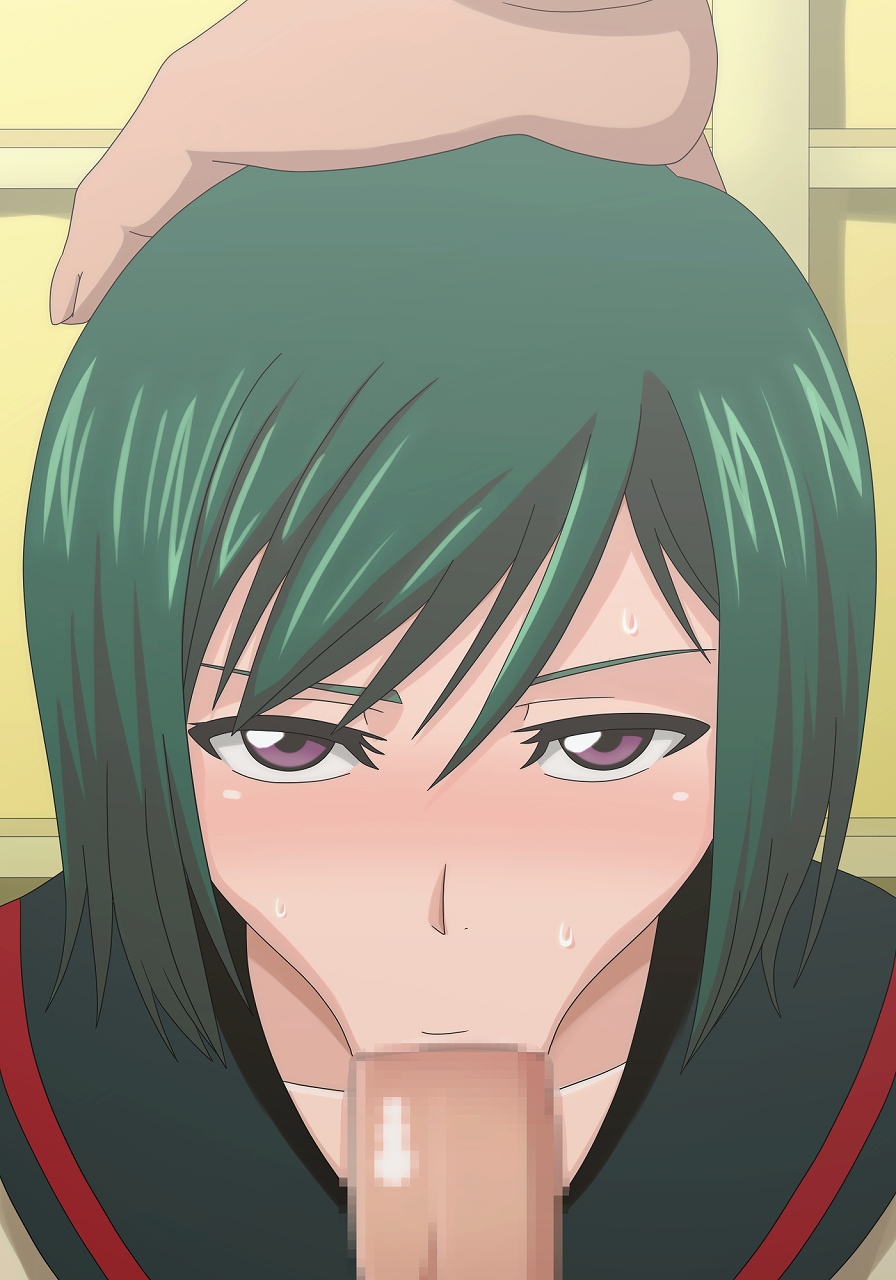 1boy 1girl :&gt;= artist_request bleach censored fellatio green_hair hetero highres kujou_nozomi oral