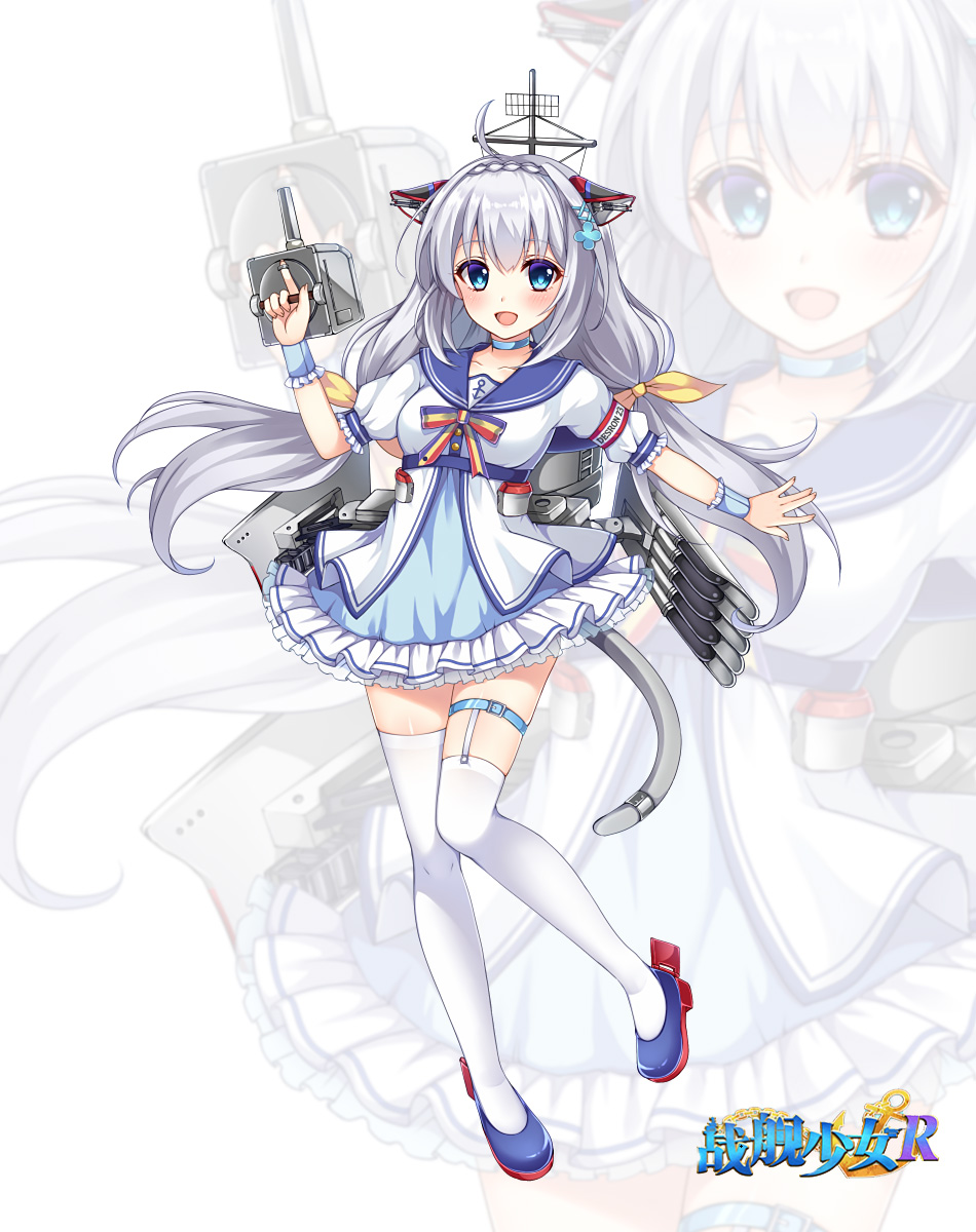 1girl :d ahoge animal_ears asymmetrical_legwear blue_choker blue_dress blue_eyes blue_footwear blush bow breasts cannon cat_ears cat_tail choker claxton_(warship_girls_r) collarbone copyright_name dress fake_animal_ears frilled_dress frills full_body grey_hair hair_ornament hair_ribbon hasu_(velicia) highres holding long_hair looking_at_viewer low-tied_long_hair low_twintails machinery official_art open_mouth puffy_short_sleeves puffy_sleeves ribbon rigging sailor_collar sailor_dress ship_turret shoes short_dress short_sleeves simple_background small_breasts smile solo standing tail thigh_strap thighhighs torpedo torpedo_launcher torpedo_tubes twintails very_long_hair warship_girls_r white_background white_dress white_thighhighs wrist_cuffs yellow_bow yellow_ribbon zettai_ryouiki