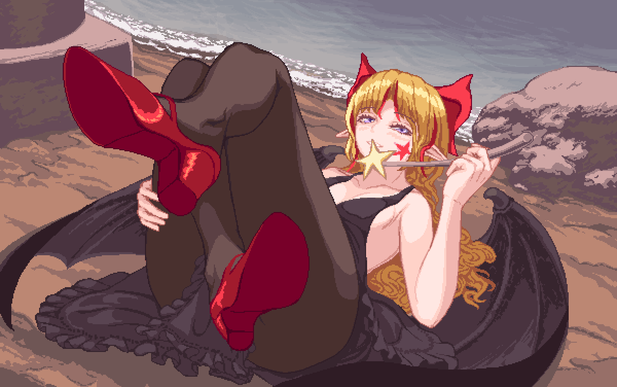 1girl alternate_costume bare_shoulders black_dress black_pantyhose black_wings blonde_hair bow breasts collarbone commentary crossed_legs demon_wings dress elis_(touhou) english_commentary facial_mark frilled_dress frills full_body hair_bow hand_on_own_thigh hand_up high_heels holding holding_wand legs_up long_hair looking_at_viewer lying multicolored_hair nukekip on_back on_ground outdoors paid_reward_available pantyhose pixel_art pointy_ears purple_eyes red_bow red_footwear red_hair sleeveless sleeveless_dress small_breasts smile solo star_(symbol) star_facial_mark streaked_hair touhou touhou_(pc-98) wand wings