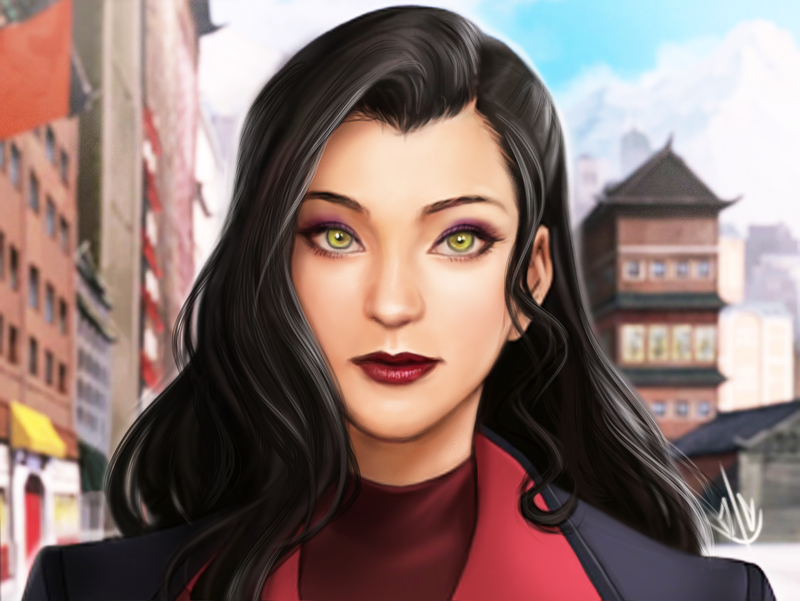 1girl artist_request asami_sato avatar:_the_last_airbender avatar_legends black_hair eyeshadow female_focus green_eyes lips lipstick long_hair looking_at_viewer makeup solo the_legend_of_korra