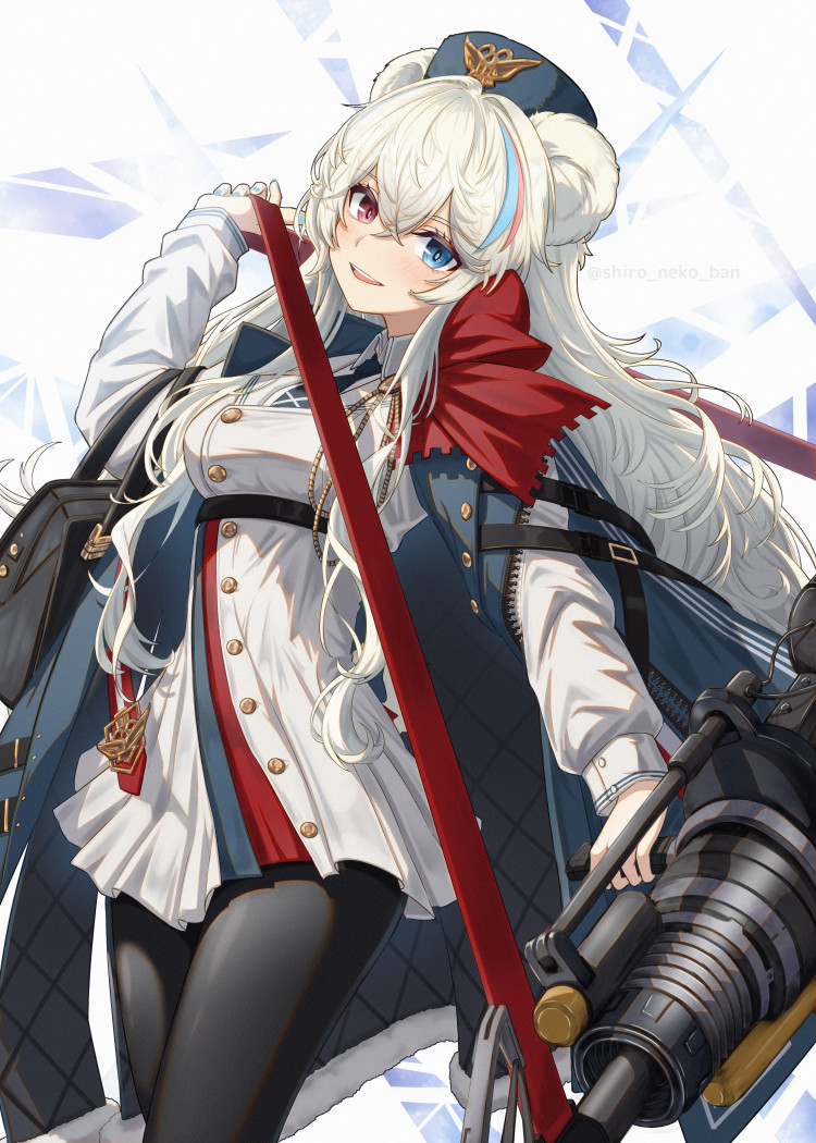 1girl animal_ears arknights bear_ears blue_eyes blue_hair breasts dress grey_hair hair_between_eyes hat heterochromia jacket long_hair long_sleeves looking_at_viewer multicolored_hair multiple_girls necktie red_eyes rosa_(arknights) shironekoban smile solo streaked_hair very_long_hair white_hair