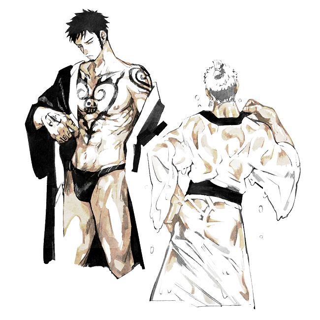 2boys ass bara black_fundoshi black_hair black_kimono earrings facial_hair fundoshi goatee green_hair japanese_clothes jewelry kalk0011 kimono long_sideburns male_focus multiple_boys muscular muscular_male one_piece open_clothes open_kimono pectorals roronoa_zoro scar short_hair sideburns tattoo trafalgar_law wet wet_clothes white_background white_kimono