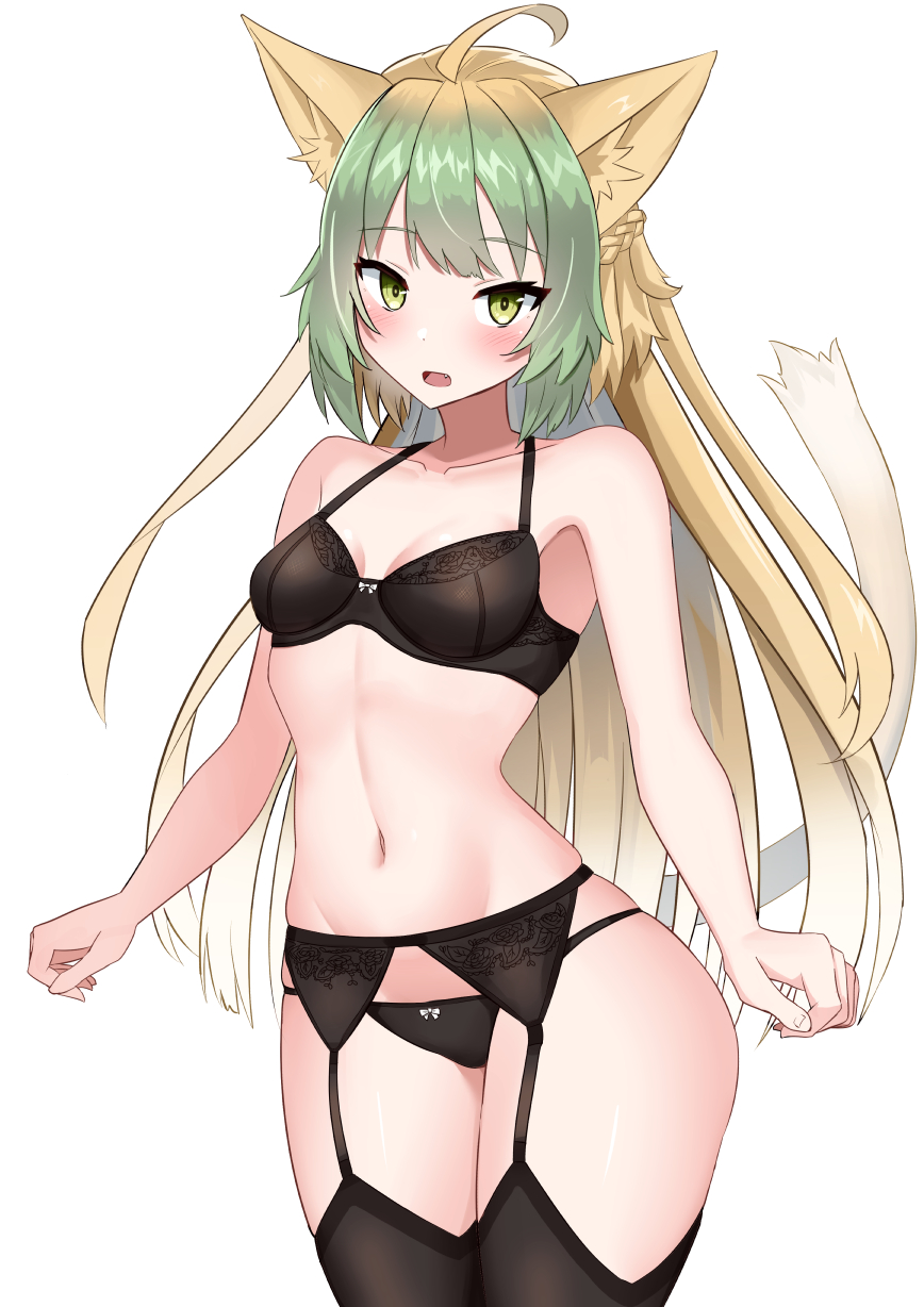 1girl ahoge animal_ears atalanta_(fate) bare_arms black_panties black_thighhighs blonde_hair blush breasts cat_ears cat_tail fate/apocrypha fate/grand_order fate_(series) garter_belt garter_straps gradient_hair green_eyes green_hair highres long_hair looking_at_viewer multicolored_hair navel panties simple_background skindentation small_breasts solo tail thighhighs underwear very_long_hair yuzu_kiro