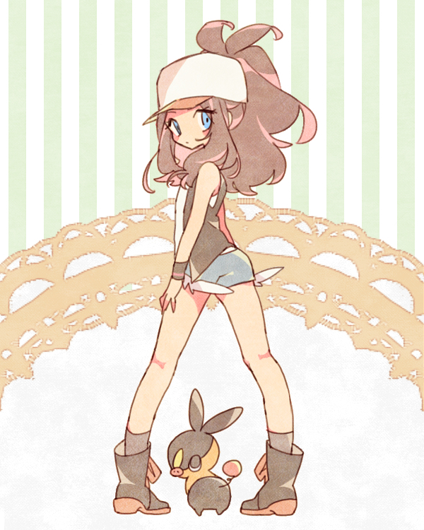 1girl baseball_cap black_eyes black_footwear black_socks black_vest blue_eyes blush_stickers boots brown_hair commentary creatures_(company) denim denim_shorts expressionless from_behind full_body game_freak gen_5_pokemon hat high_ponytail hilda_(pokemon) lace_background long_hair looking_back mgomurainu nintendo pokemon pokemon_(creature) pokemon_bw shirt short_shorts shorts sidelocks sleeveless sleeveless_shirt socks standing striped_background tepig vest white_headwear white_shirt