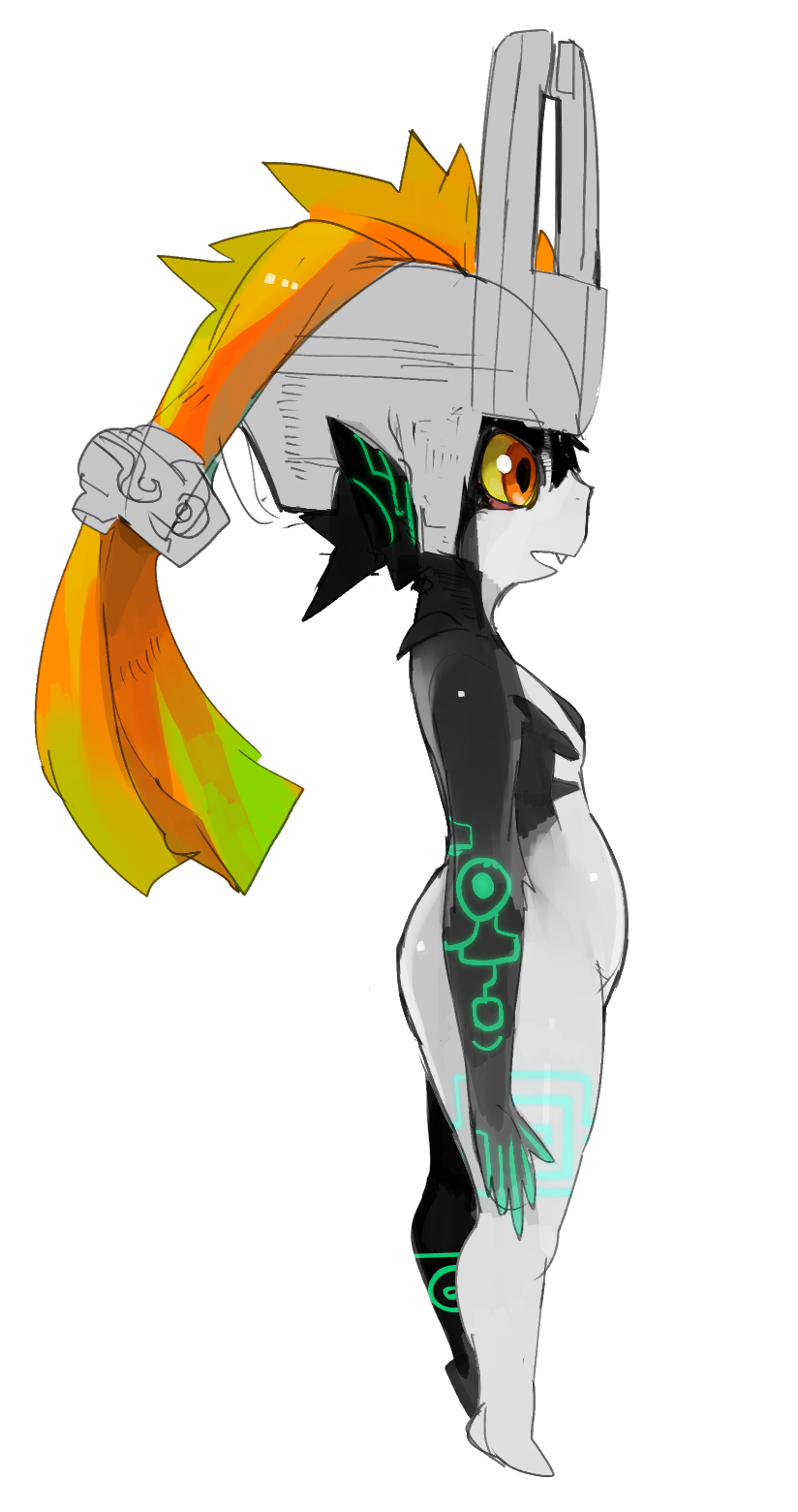 1girl bad_id bad_tumblr_id black_skin body_markings breasts colored_sclera colored_skin fang from_side full_body grey_helmet grey_skin helmet highres long_hair midna multicolored_skin nintendo open_mouth orange_eyes orange_hair pointy_ears raichiyo simple_background small_breasts solo the_legend_of_zelda the_legend_of_zelda:_twilight_princess two-tone_skin white_background yellow_sclera